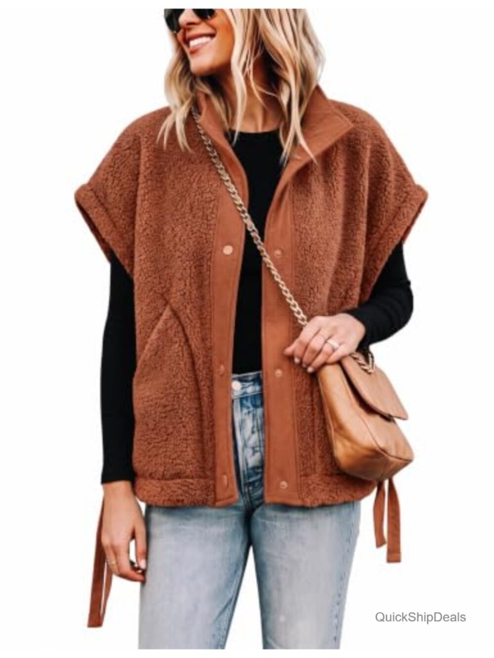 Womens Fleece Vest Sleeveless Button Down Sherpa Outerwear with Pockets